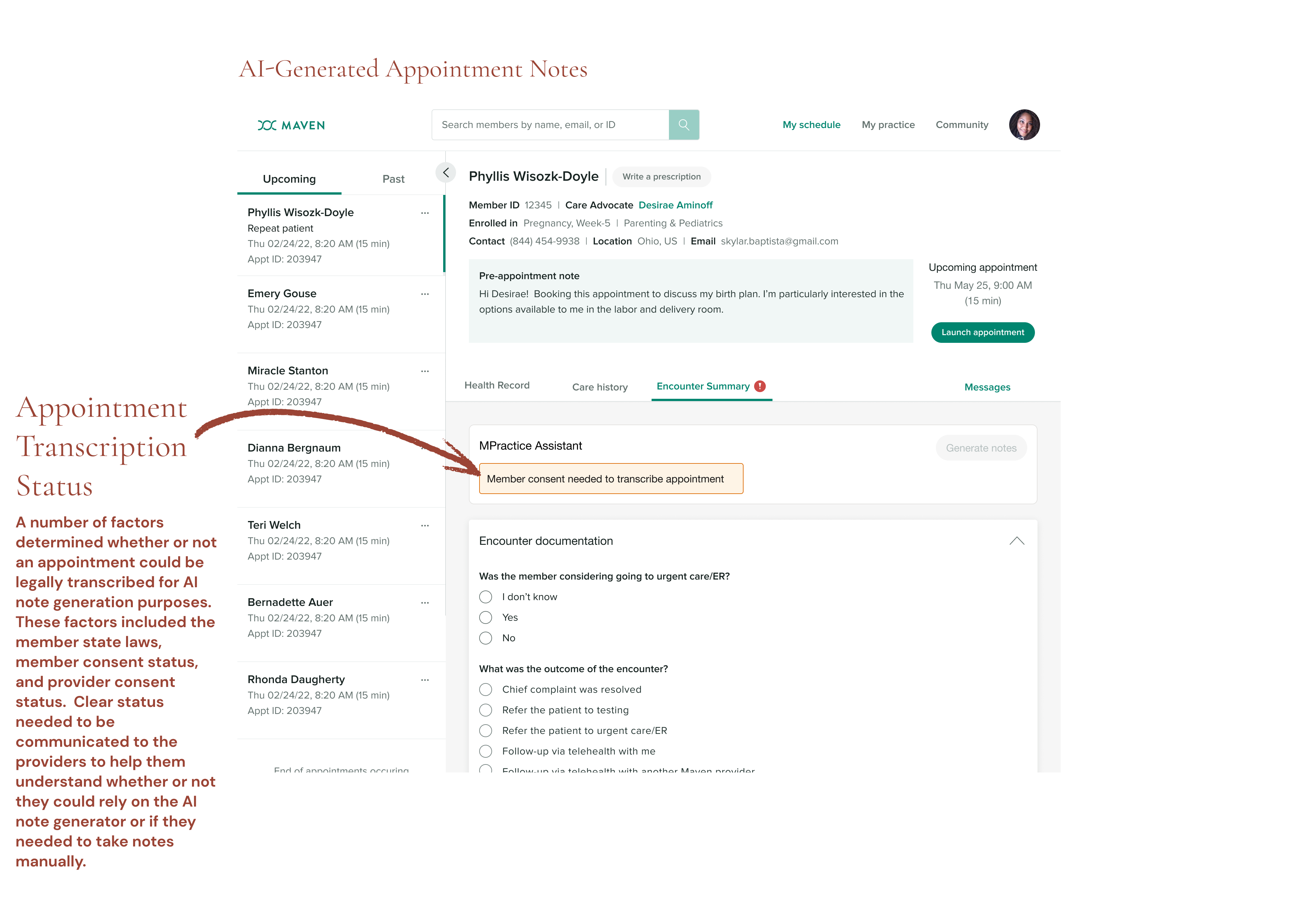 AI-drafted appointment notes generated from the appointment transcript, populated inline in the encounter summary alongside transcription status indicators