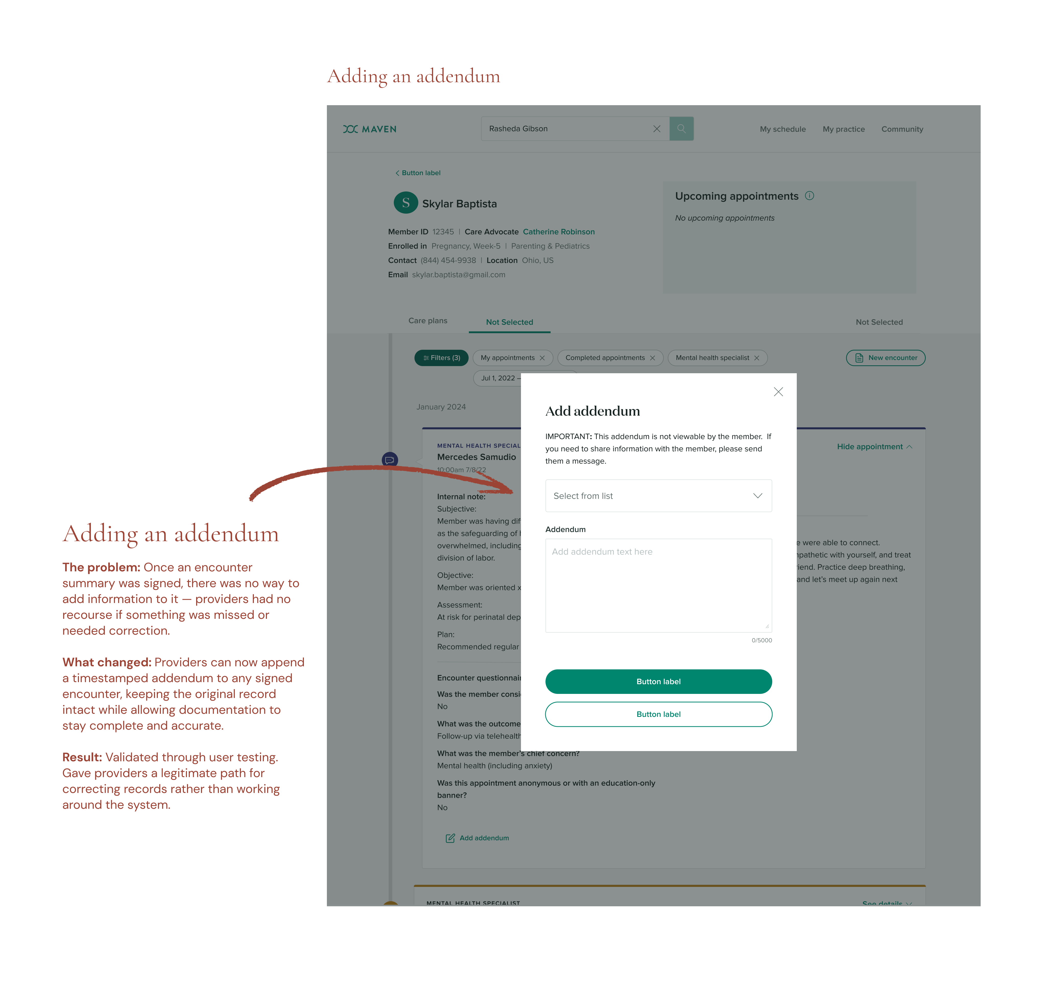 Adding an addendum — providers can append a timestamped amendment to a signed encounter note via a structured form