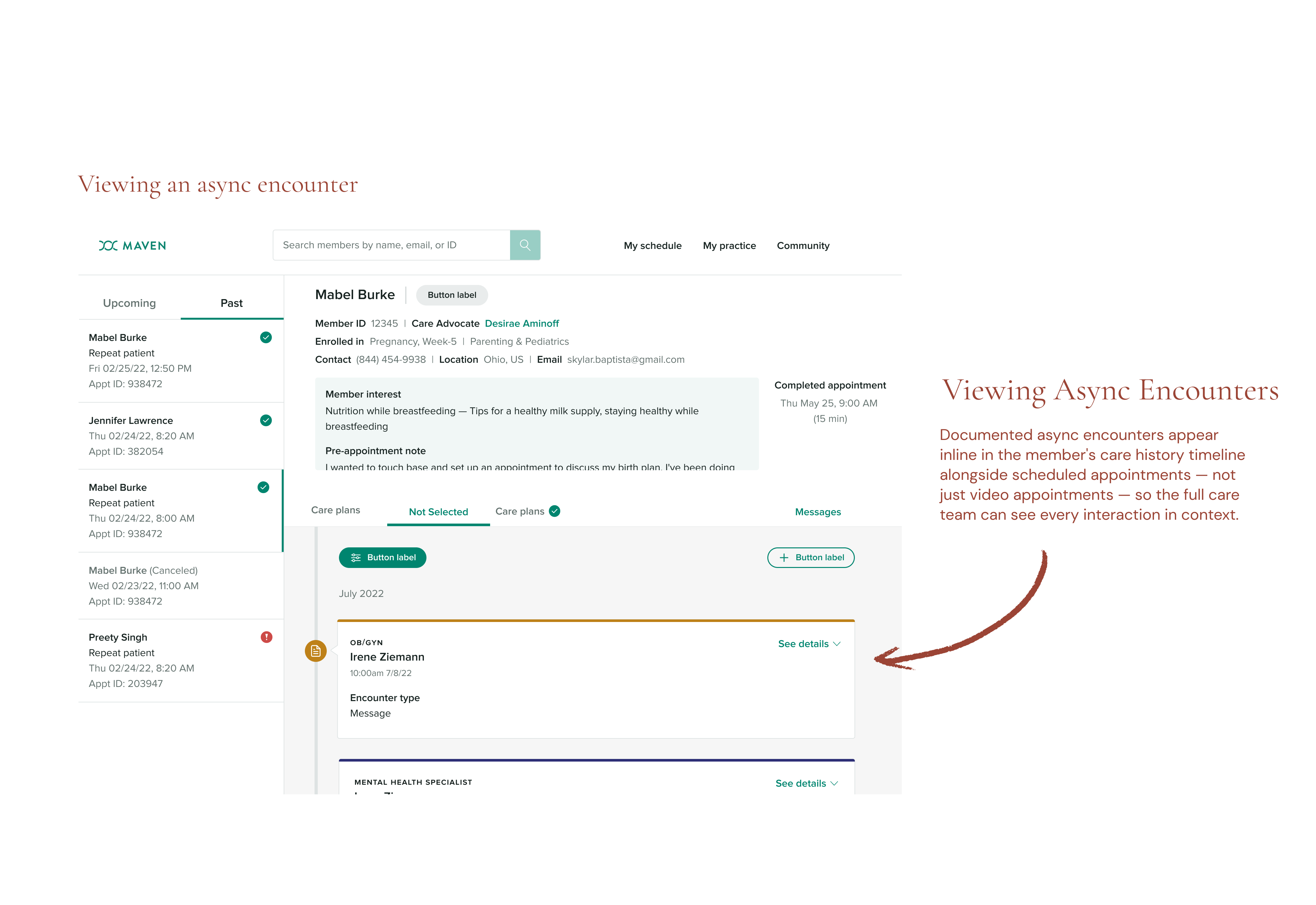 Async encounters appear inline in the member's care history alongside scheduled appointments, giving the full care team a complete picture of every touchpoint