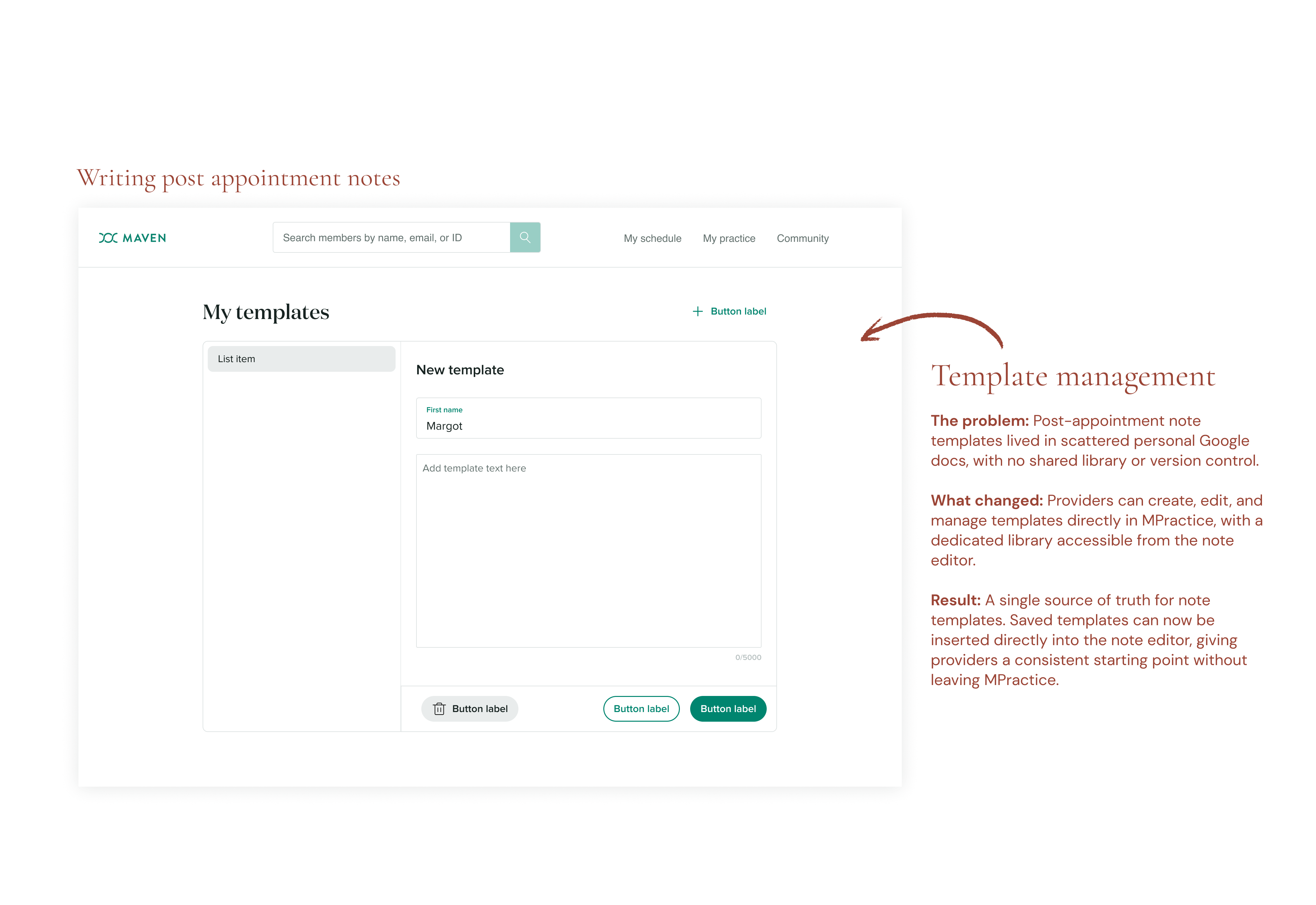 Template management — providers can create, edit, and manage post-appointment templates from a dedicated library inside MPractice