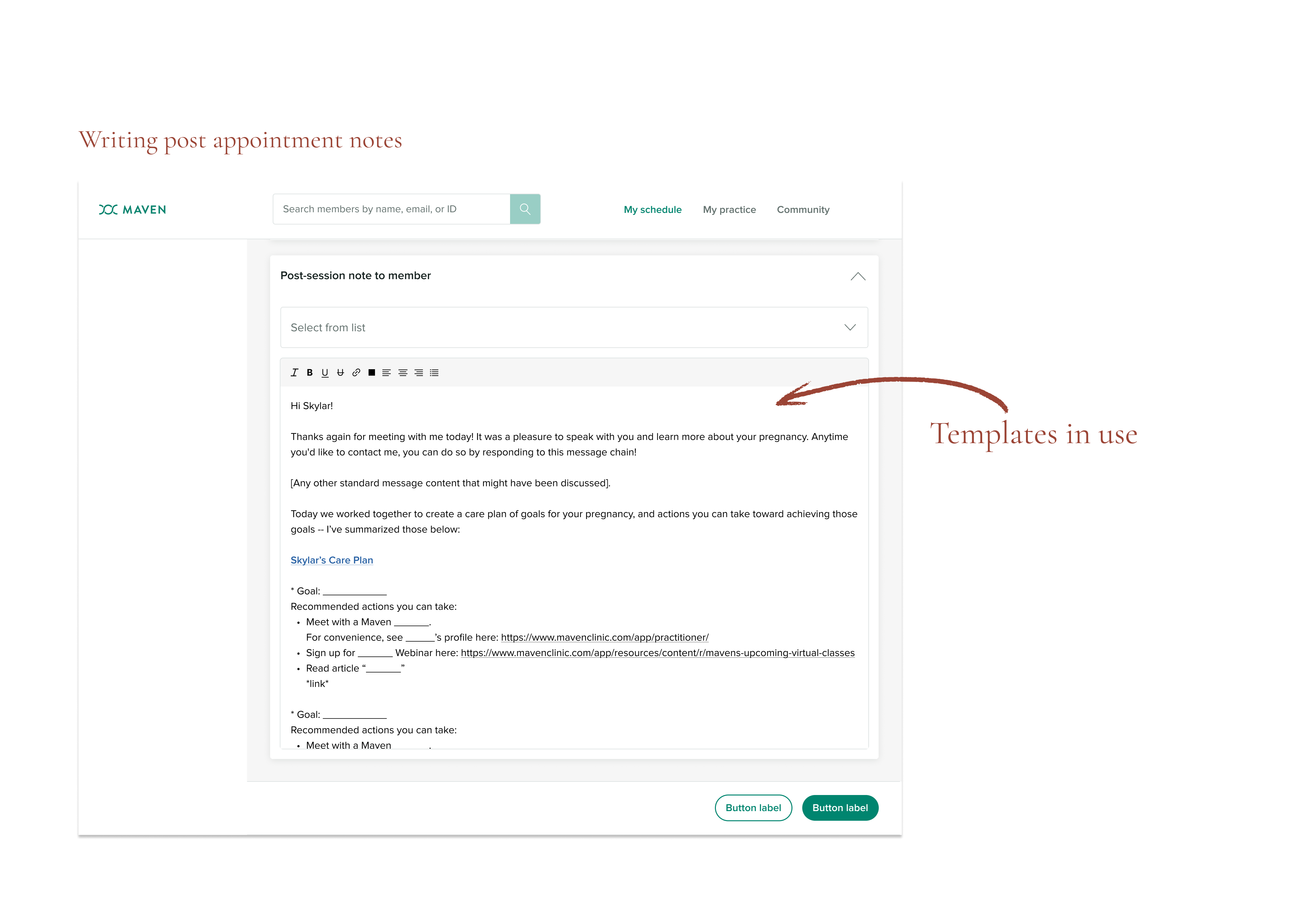 A template applied in a post-session note, replacing the manual copy-paste from personal Google Docs that providers had relied on before