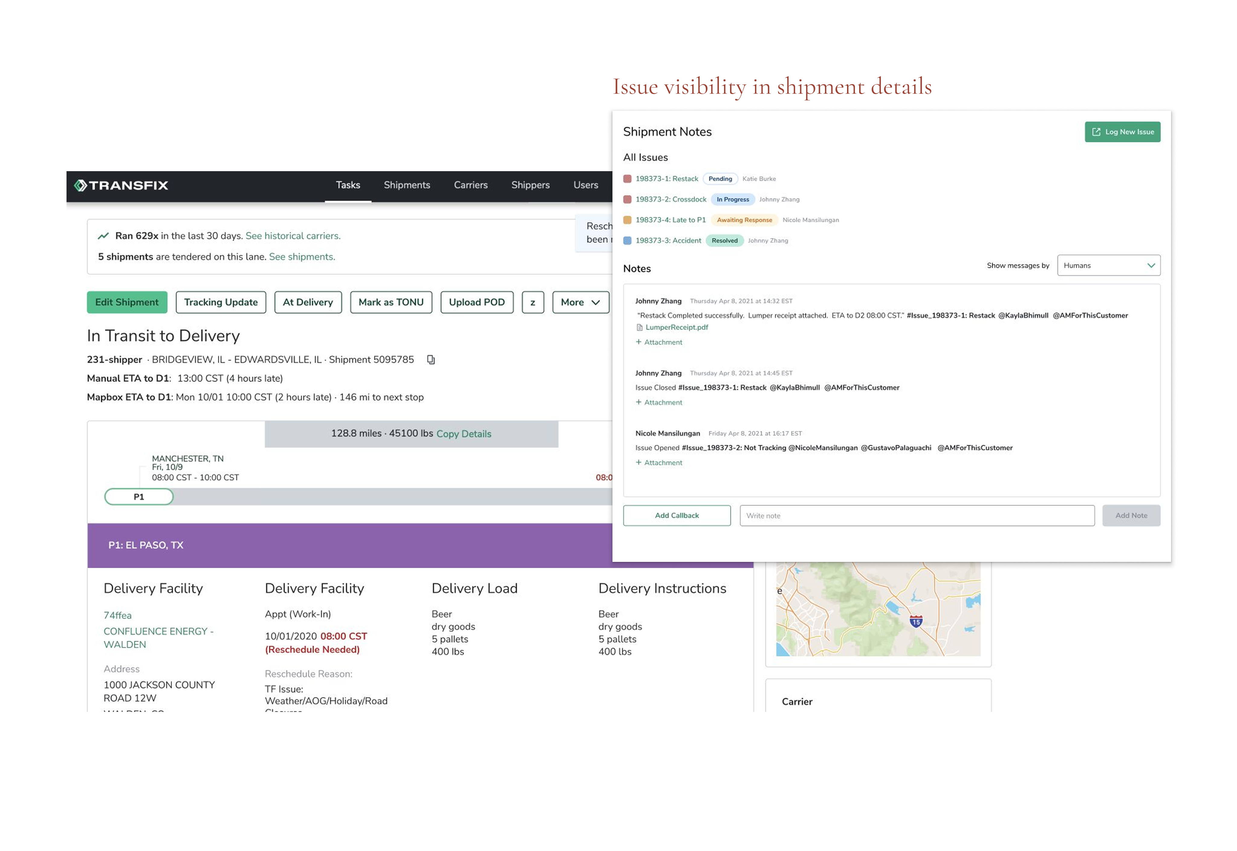 Viewing existing issues, assignments, and resolution status on a shipment